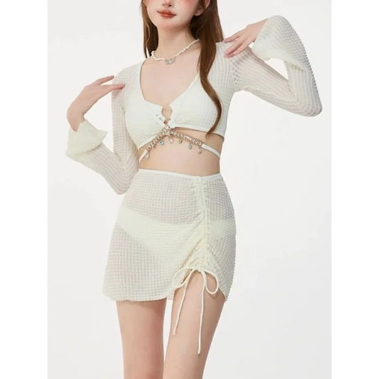 Ivory Mesh Chain Bikini Set – Long Sleeve Lace-Up Beachwear - Swimsuits - Swimwear - 1
