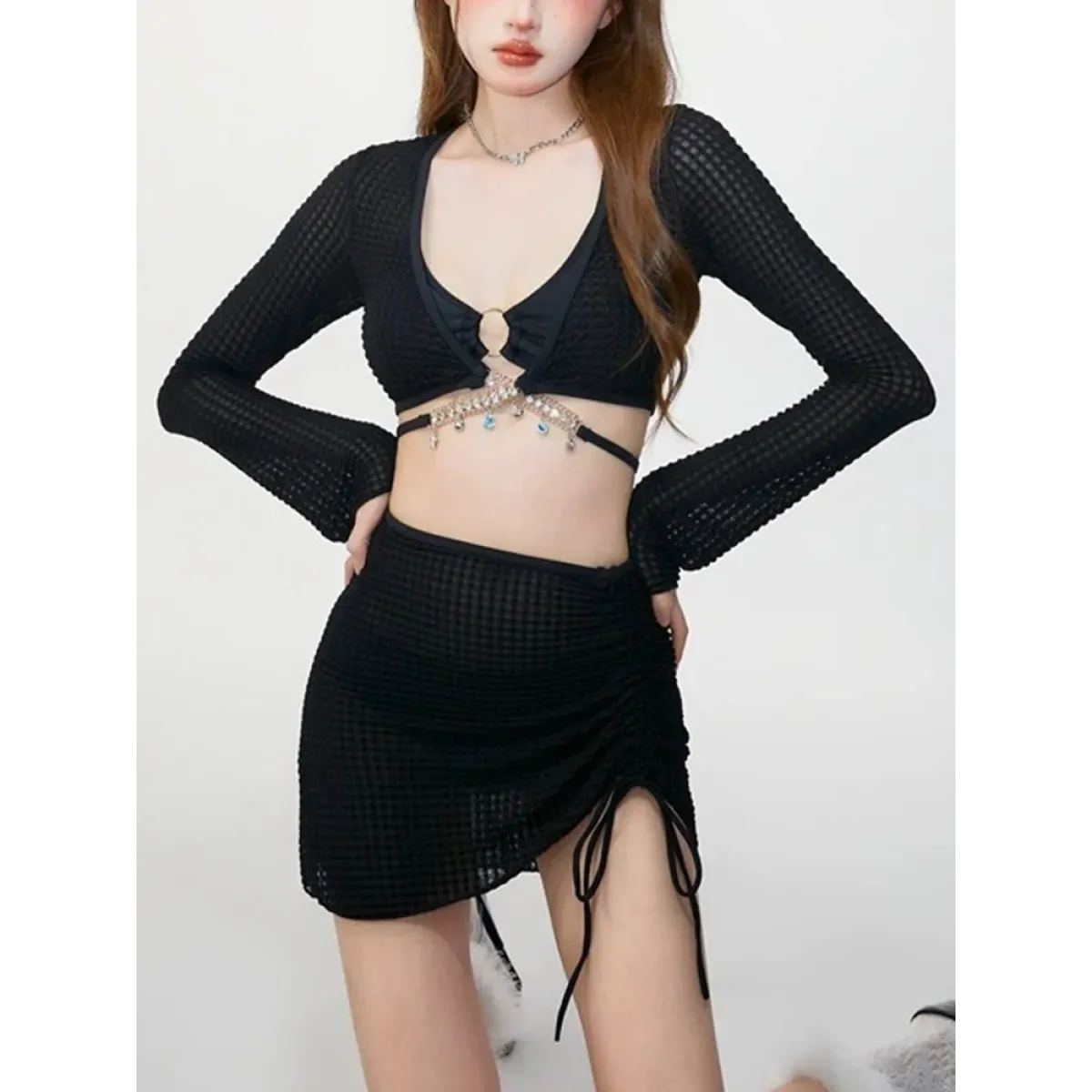 Ivory Mesh Chain Bikini Set – Long Sleeve Lace-Up Beachwear - Swimsuits - Swimwear - 15