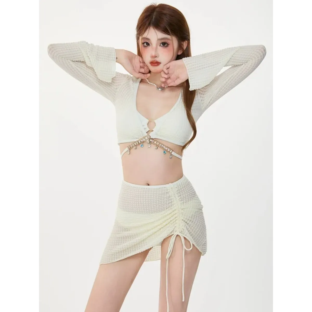 Ivory Mesh Chain Bikini Set – Long Sleeve Lace-Up Beachwear - Swimsuits - Swimwear - 8