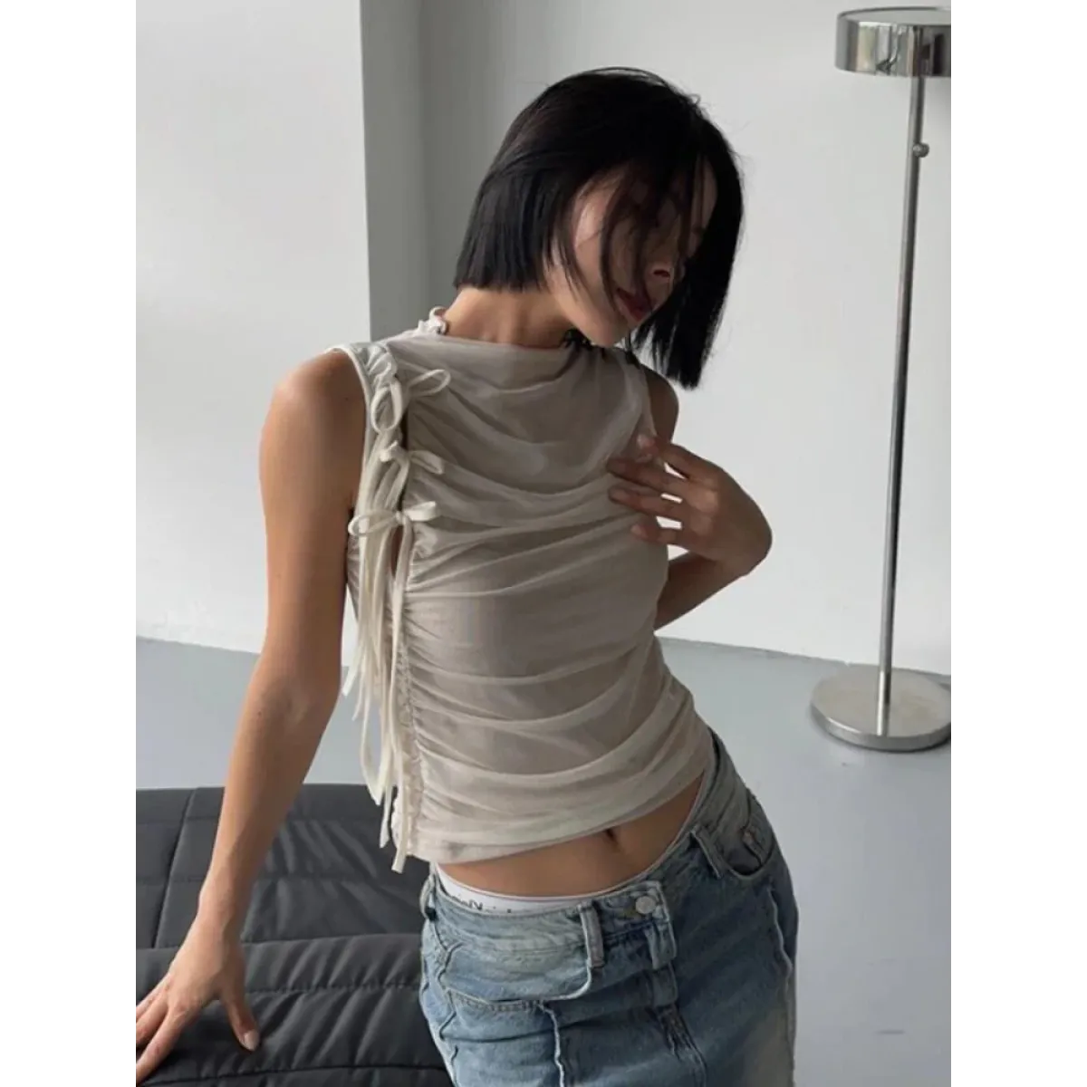 Lace-Up Mesh Ruched Tank Top - Women’s Clothing & Accessories - Tank Top / Cami - 1