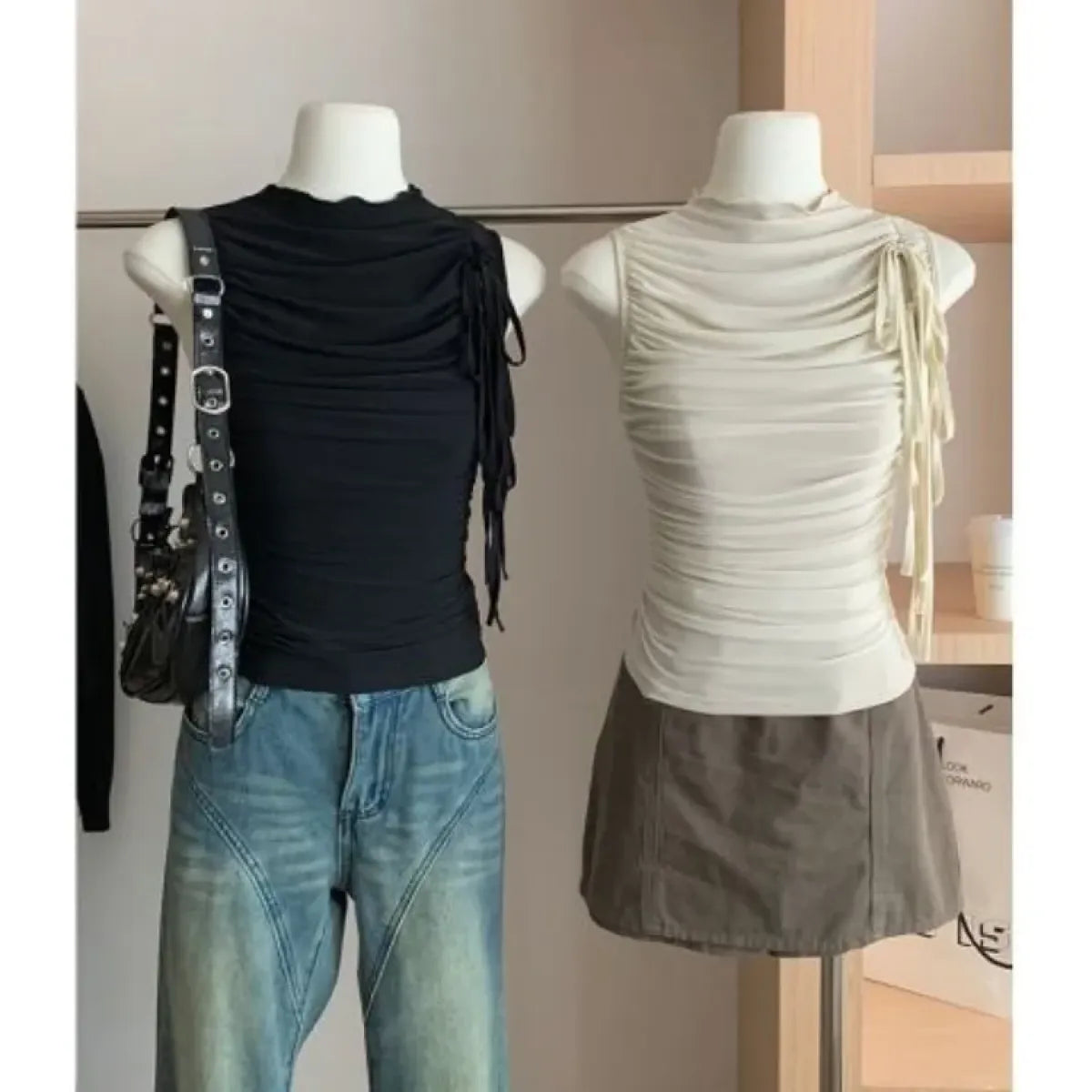 Lace-Up Mesh Ruched Tank Top - Women’s Clothing & Accessories - Tank Top / Cami - 5