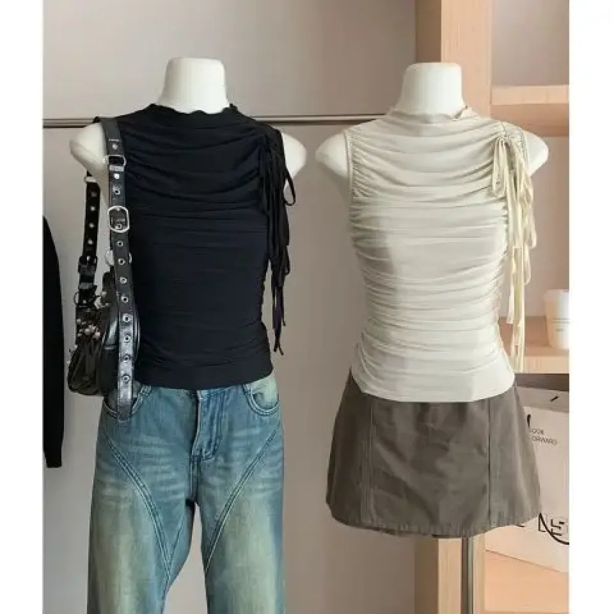 Lace-Up Mesh Ruched Tank Top - Women’s Clothing & Accessories - Tank Top / Cami - 6