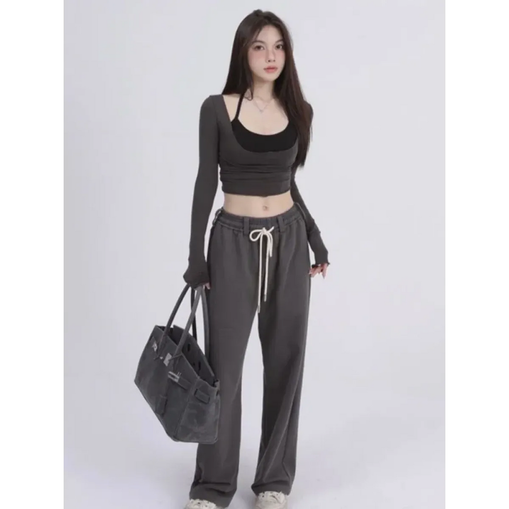 Aesthetic Halter Two-Piece Set - Harajuku Long Sleeve Tee - T-Shirts - 2