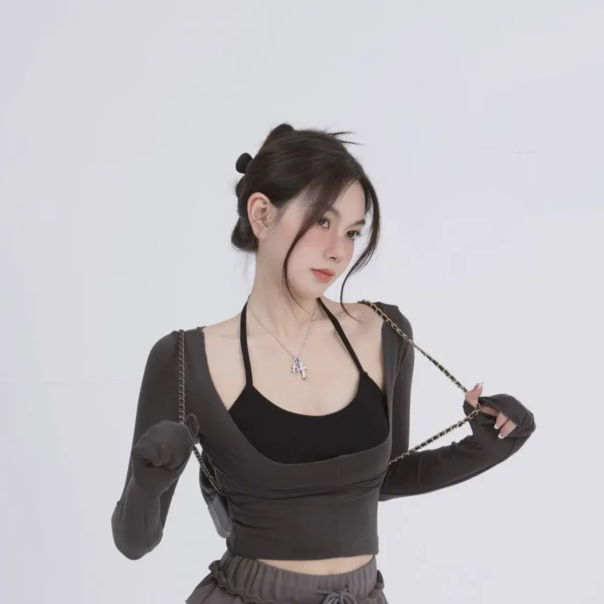 Aesthetic Halter Two-Piece Set - Harajuku Long Sleeve Tee - T-Shirts - 1