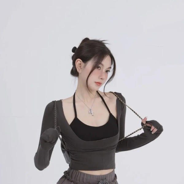 Aesthetic Halter Two-Piece Set - Harajuku Long Sleeve Tee - T-Shirts - 1