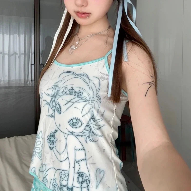 Aesthetic Sweet Tank Top - Sleeveless Japanese Cartoon Print - White / S - Women’s Clothing & Accessories - Shirts &