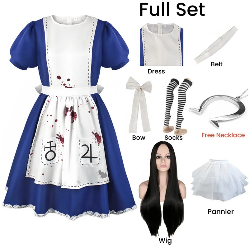 Madness Returns Alice Cosplay Costume Dress with Apron and Wig for Women - XS / Full set - All Dresses - Costumes