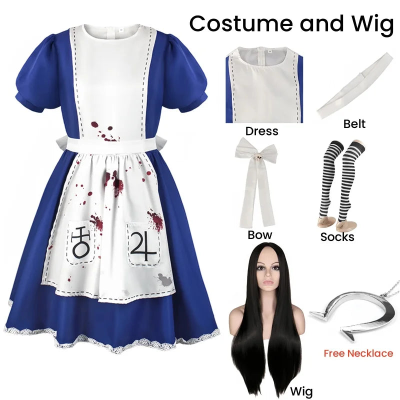 Madness Returns Alice Cosplay Costume Dress with Apron and Wig for Women - XS / Costume and wig - All Dresses