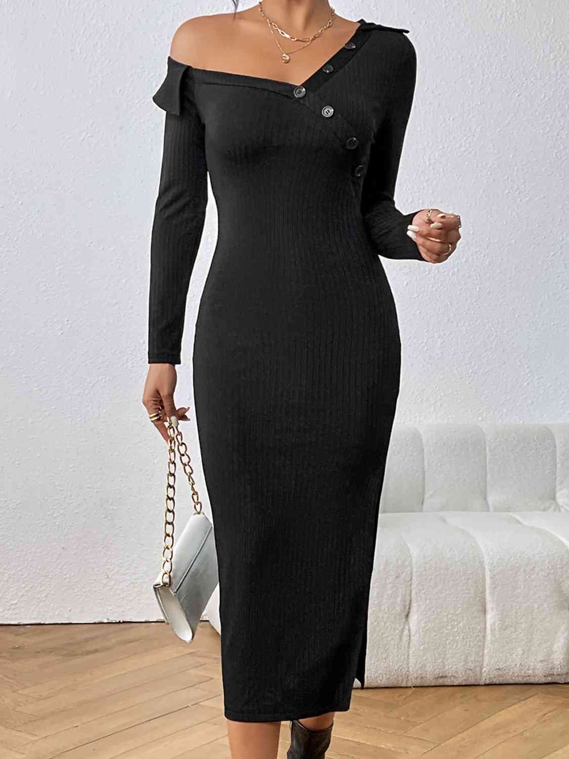 Asymmetrical Neck Long Sleeve Slit Dress - All Dresses - Dresses - 4 - 2024