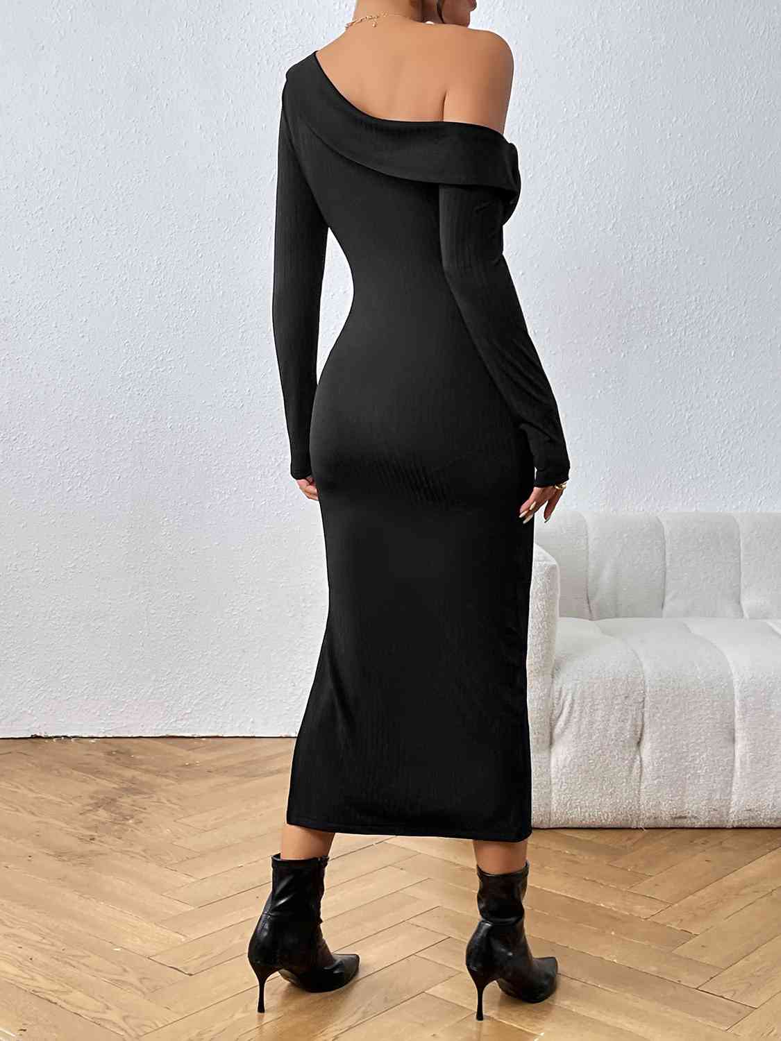 Asymmetrical Neck Long Sleeve Slit Dress - All Dresses - Dresses - 2 - 2024