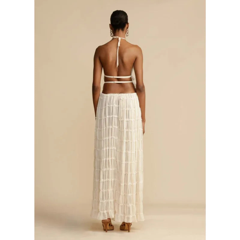Beach Dresses Women 2024 Skirt Set Sleeveless Backless Cropped Halter Tops Drawstring Long Skirts Elegant Fashion 2