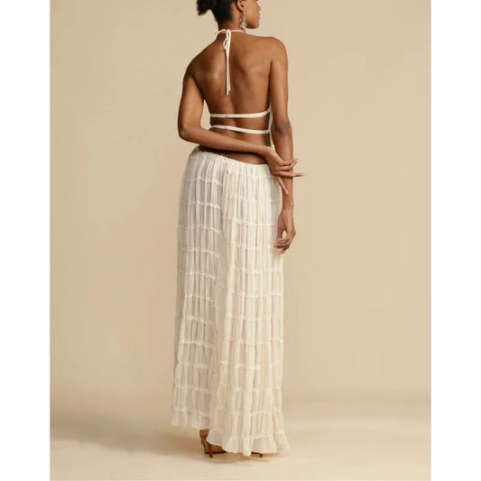 Beach Dresses Women 2024 Skirt Set Sleeveless Backless Cropped Halter Tops Drawstring Long Skirts Elegant Fashion 2
