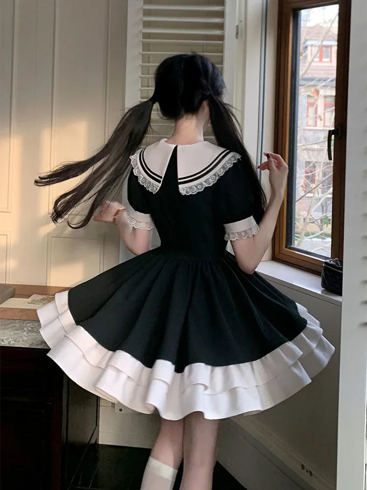 Black Lolita Bow Dress – Cute Sailor Collar Puff Sleeve Kawaii Style - All Dresses - Dance Dresses Skirts & Costumes