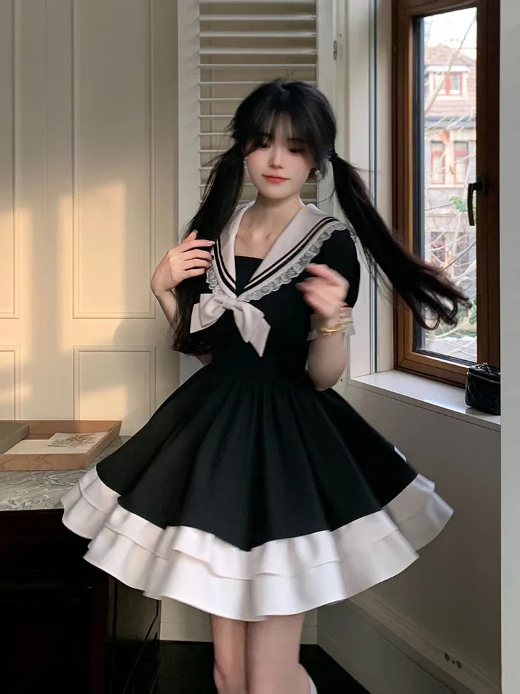 Black Lolita Bow Dress – Cute Sailor Collar Puff Sleeve Kawaii Style - All Dresses - Dance Dresses Skirts & Costumes