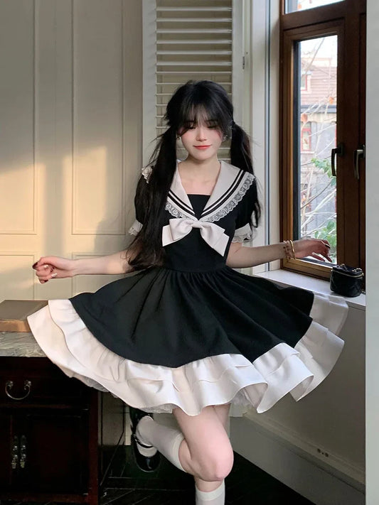 Black Lolita Bow Dress – Cute Sailor Collar Puff Sleeve Kawaii Style - All Dresses - Dance Dresses Skirts & Costumes