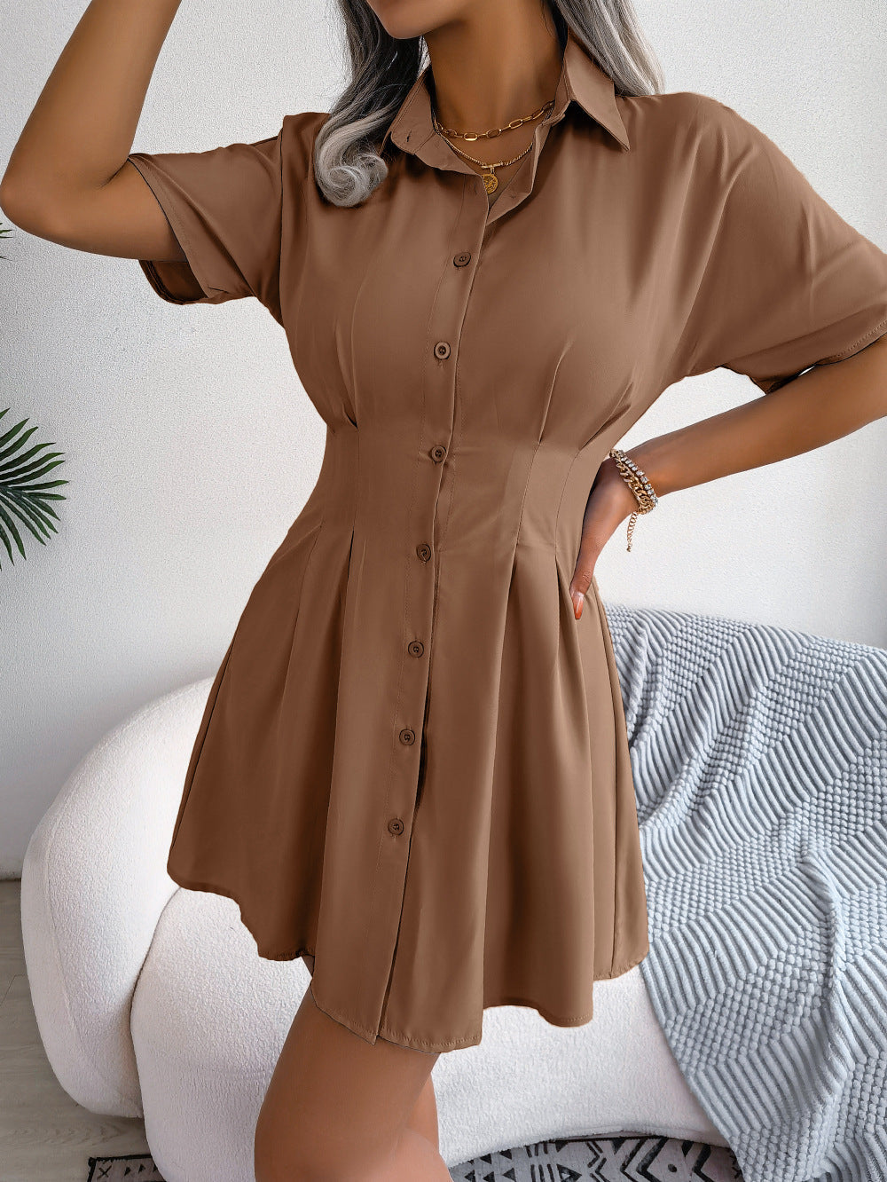 Button Down Collared Mini Dress - Brown / S - All Dresses - Dresses - 7 - 2024