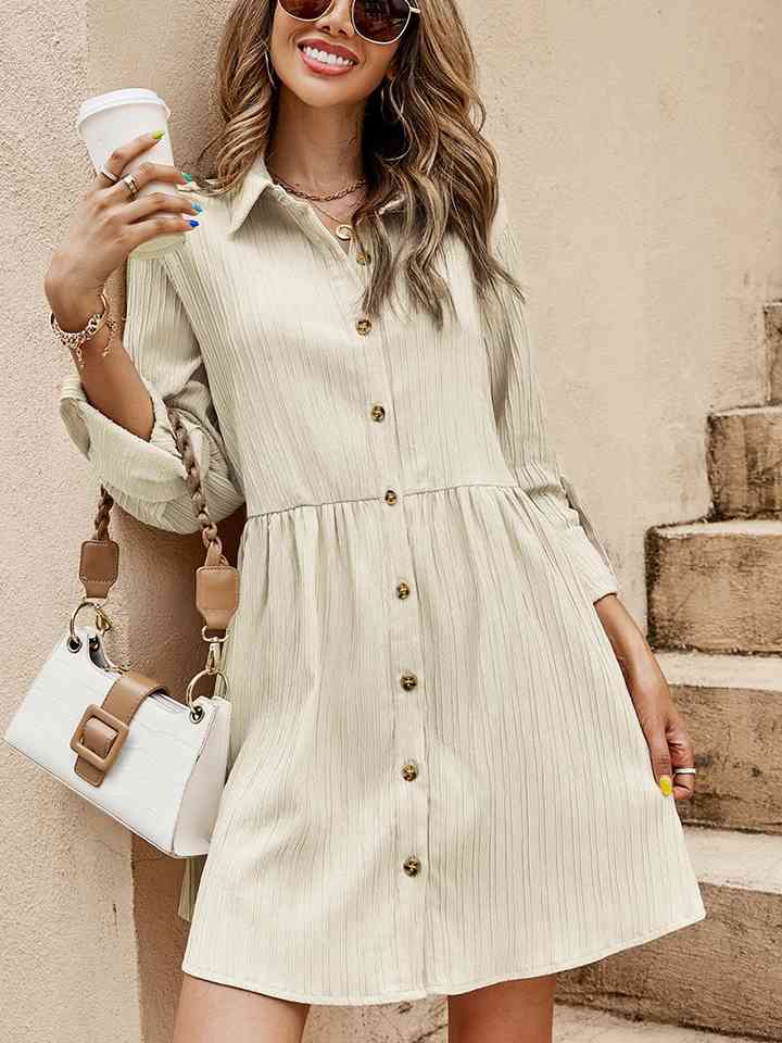 Button-Down Roll-Tab Sleeve Dress - White / S - All Dresses - Dresses - 1 - 2024