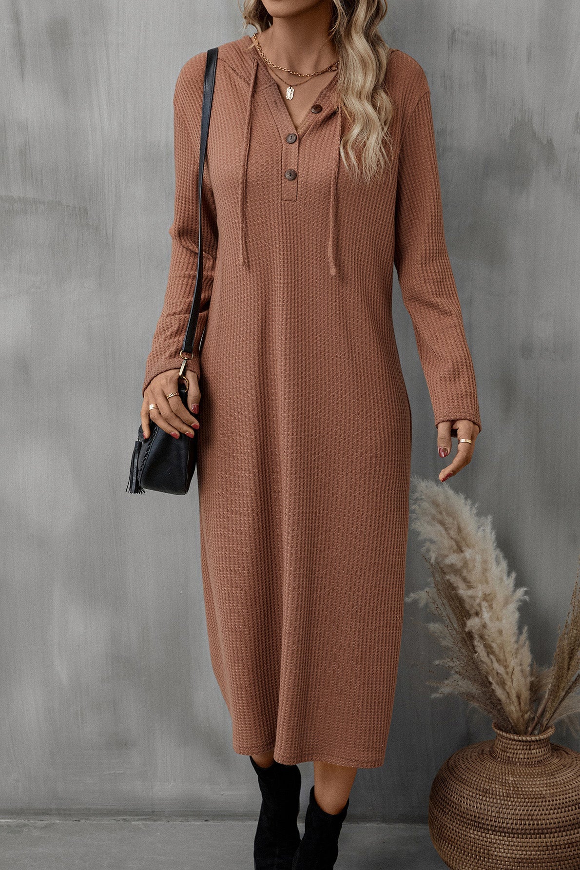 Buttoned Long Sleeve Hooded Dress - Brown / S - All Dresses - Dresses - 1 - 2024