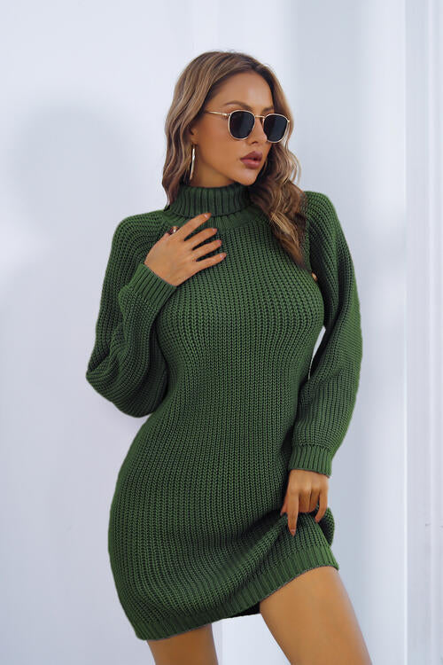 Buttoned Turtleneck Long Sleeve Sweater Dress - Green / S - All Dresses - Dresses - 1 - 2024