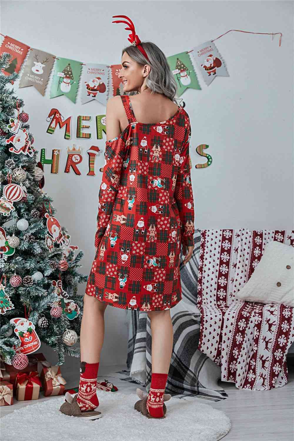 Christmas Asymmetrical Neck Long Sleeve Dress - All Dresses - Dresses - 4 - 2024