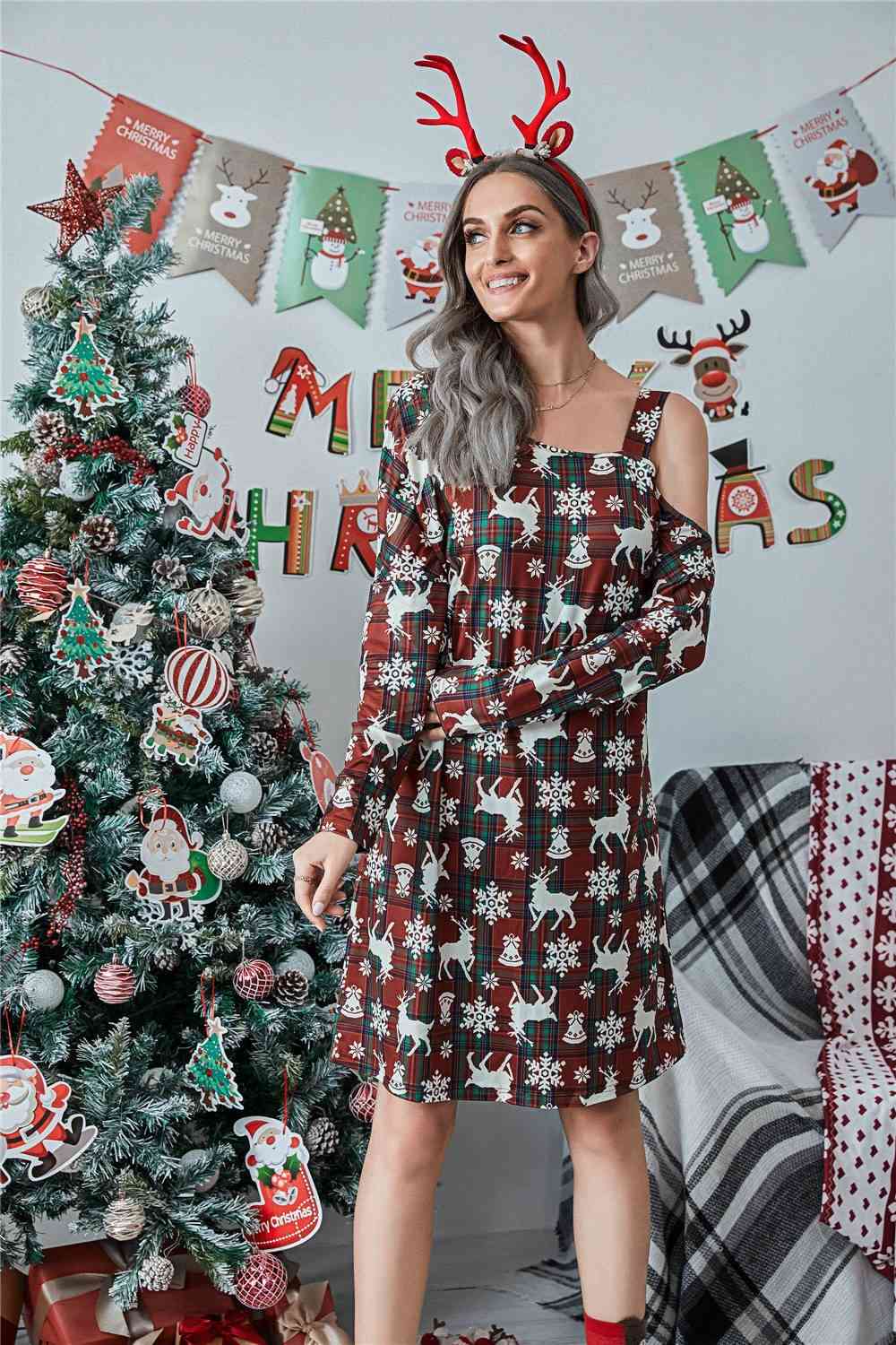 Christmas Asymmetrical Neck Long Sleeve Dress - All Dresses - Dresses - 7 - 2024