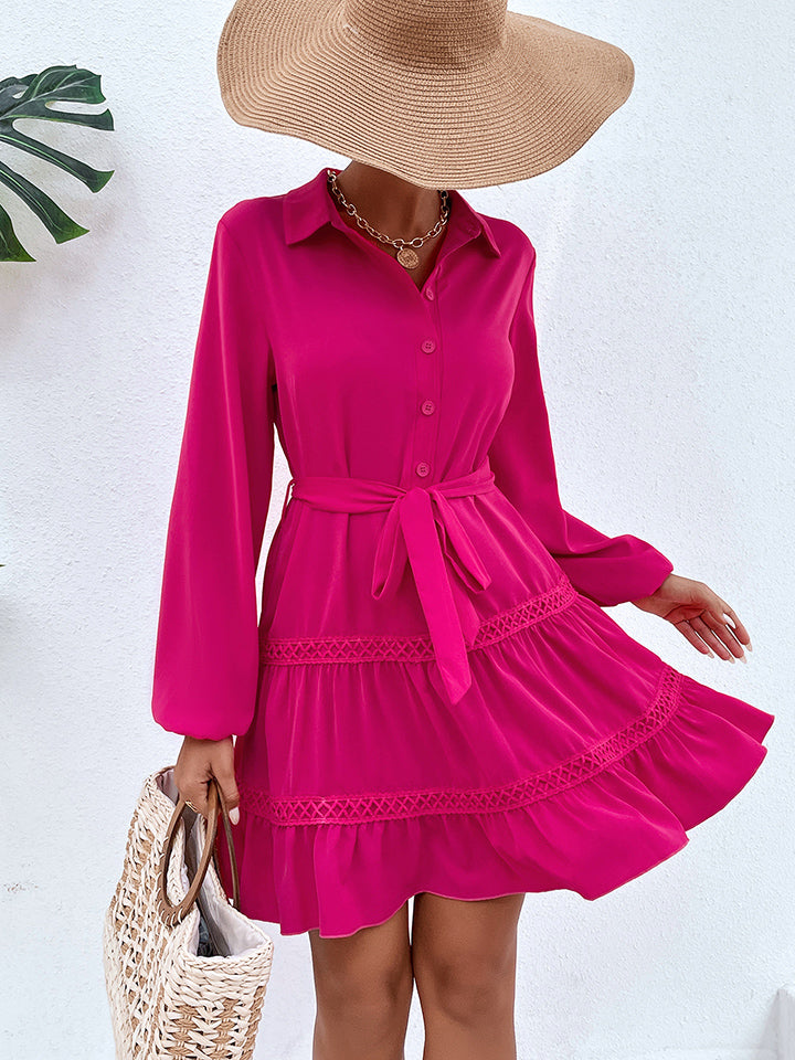 Collared Neck Tie Waist Buttoned Dress - All Dresses - Dresses - 3 - 2024