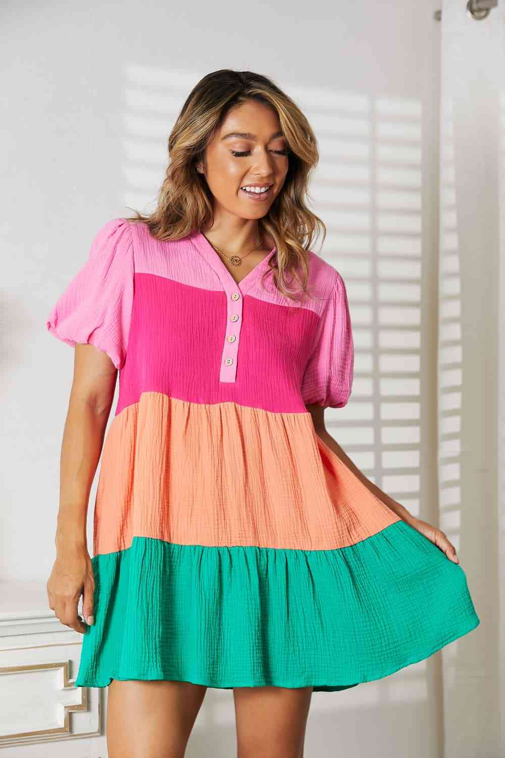 Color Block Buttoned Puff Sleeve Dress - Multicolored / S - All Dresses - Dresses - 1 - 2024