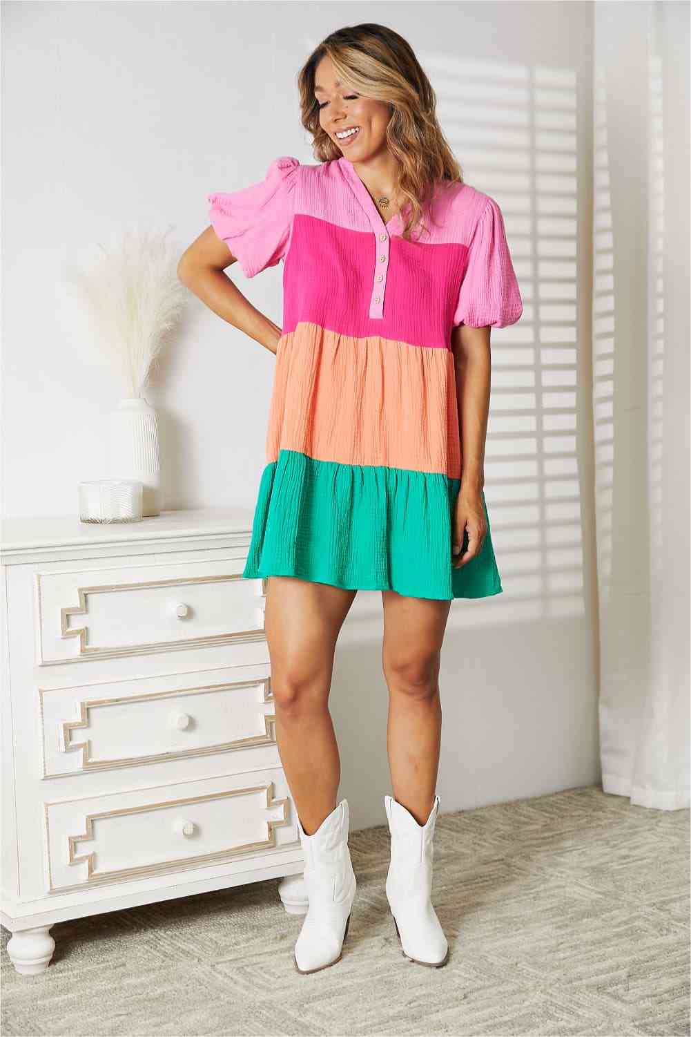 Color Block Buttoned Puff Sleeve Dress - All Dresses - Dresses - 5 - 2024