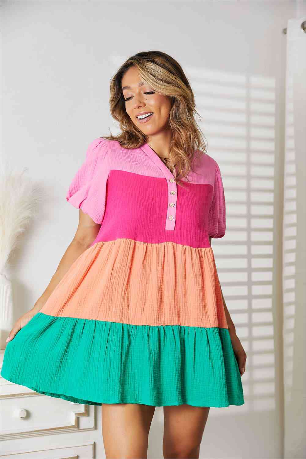 Color Block Buttoned Puff Sleeve Dress - All Dresses - Dresses - 3 - 2024