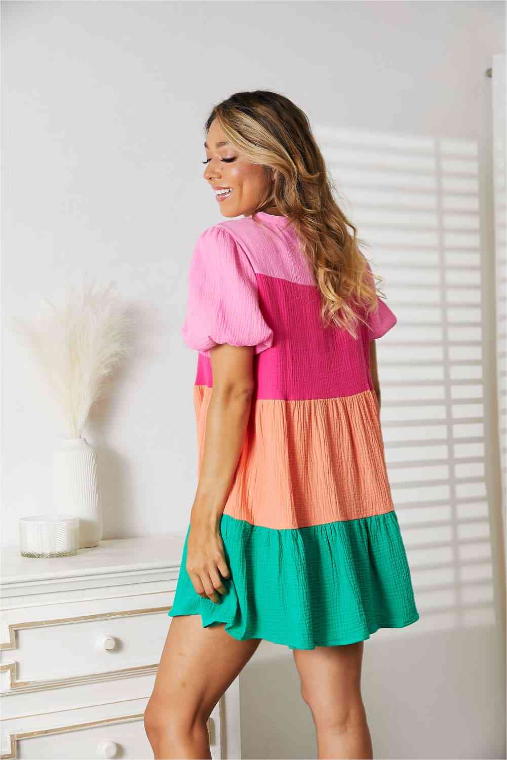 Color Block Buttoned Puff Sleeve Dress - All Dresses - Dresses - 2 - 2024