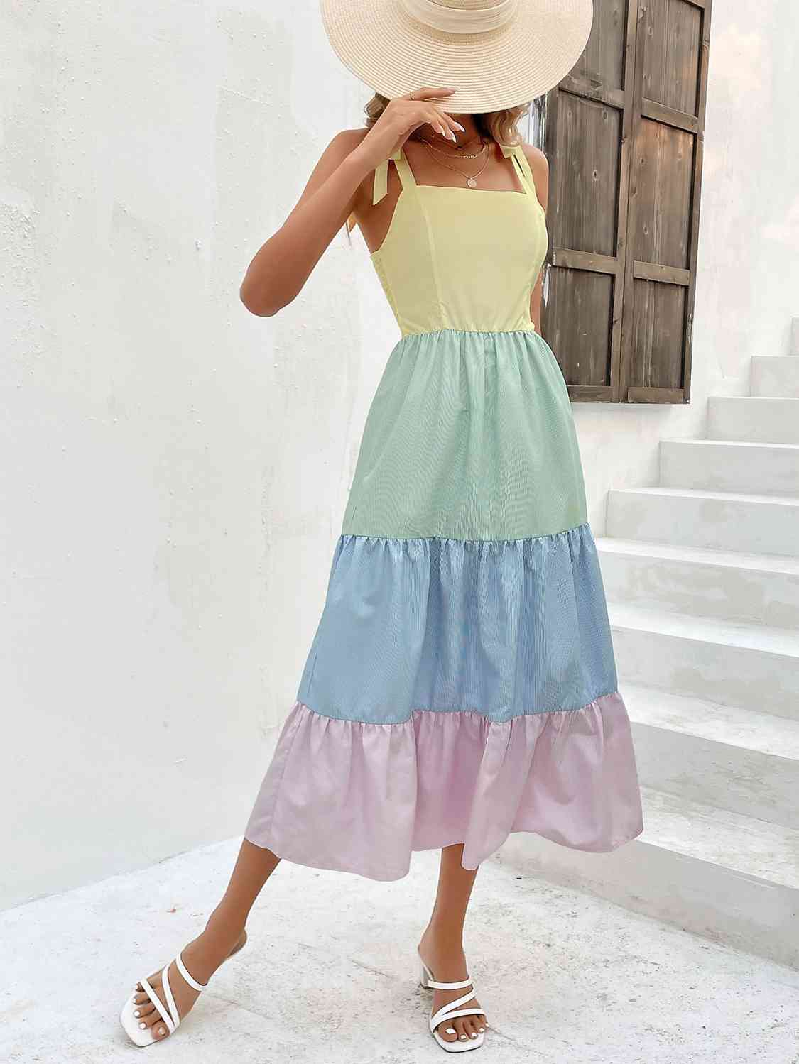 Color Block Tie-Shoulder Tiered Midi Dress - Multicolor / S - All Dresses - Dresses - 1 - 2024