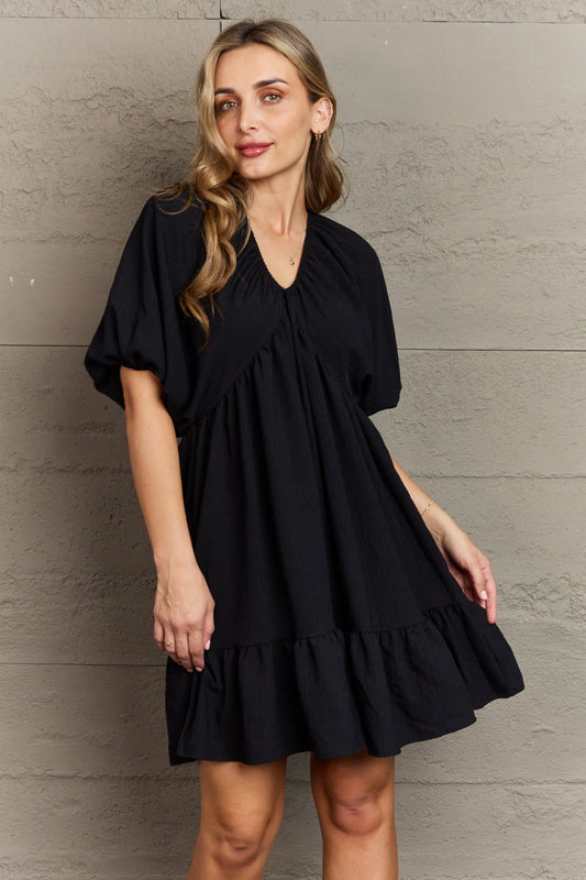 Comfort Cutie Double V-Neck Puff Sleeve Mini Dress - Black / S - All Dresses - Dresses - 1 - 2024