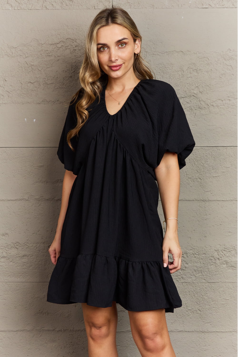 Comfort Cutie Double V-Neck Puff Sleeve Mini Dress - All Dresses - Dresses - 3 - 2024