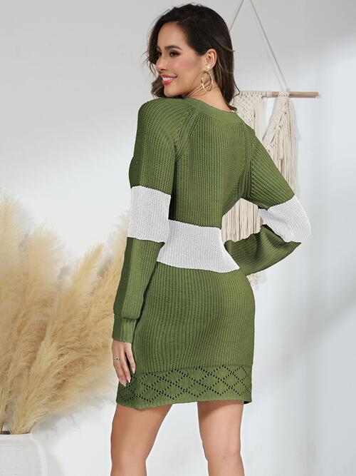 Contrast Openwork Long Sleeve Sweater Dress - All Dresses - Dresses - 6 - 2024