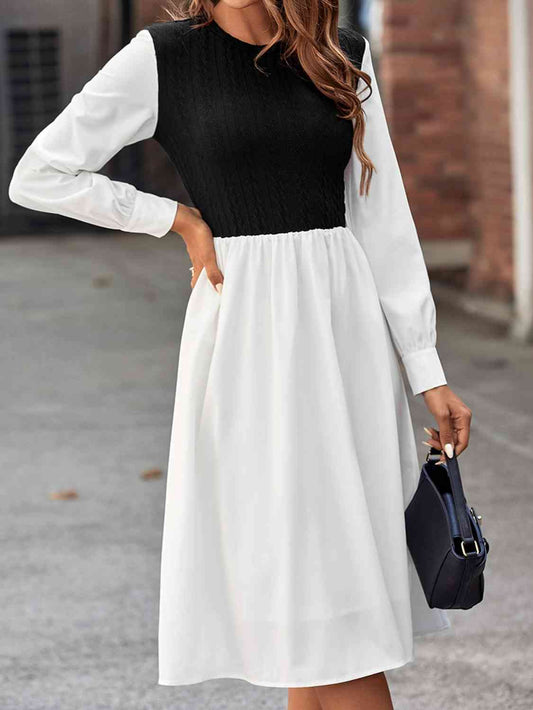 Contrast Round Neck Long Sleeve Dress - White / XS - All Dresses - Dresses - 1 - 2024