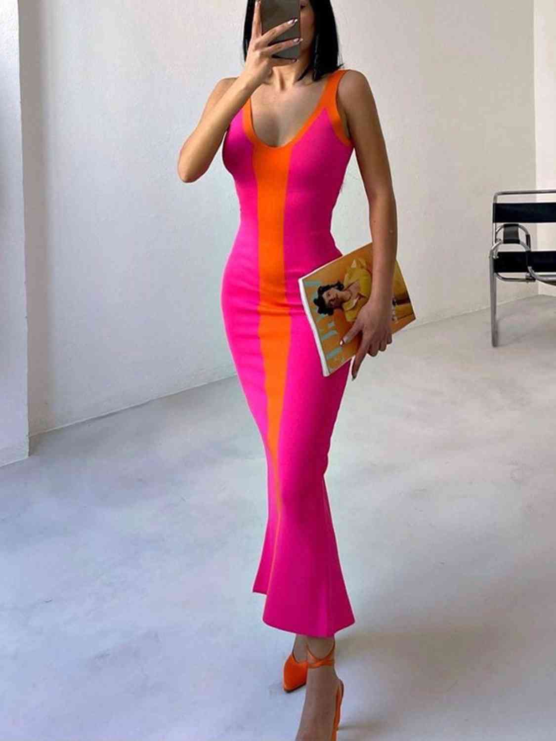 Contrast Wide Strap Slit Midi Dress - Pink / S - All Dresses - Dresses - 16 - 2024