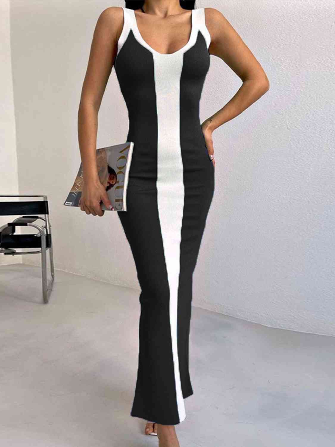 Contrast Wide Strap Slit Midi Dress - Black / S - All Dresses - Dresses - 1 - 2024