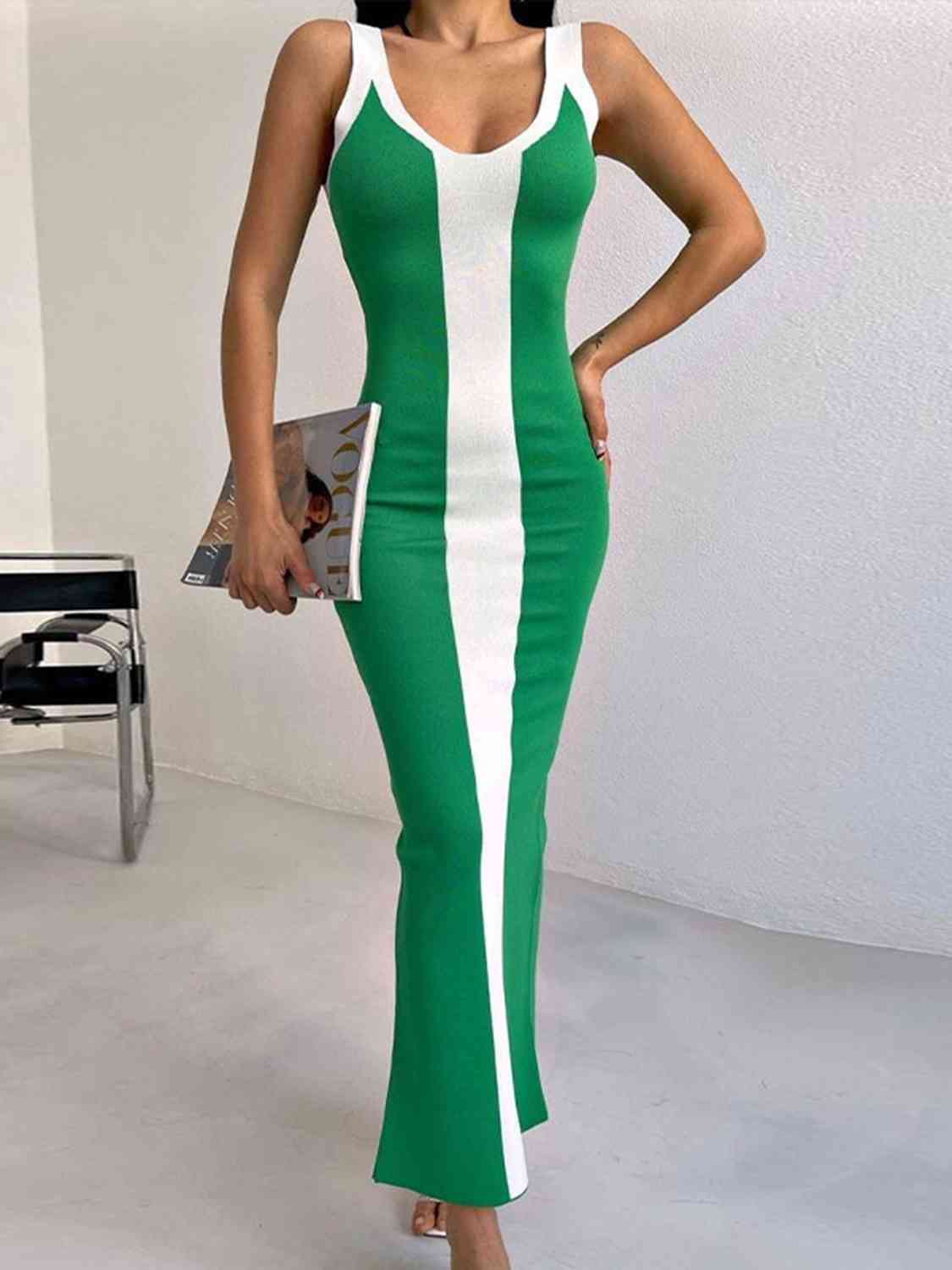 Contrast Wide Strap Slit Midi Dress - Green / S - All Dresses - Dresses - 10 - 2024