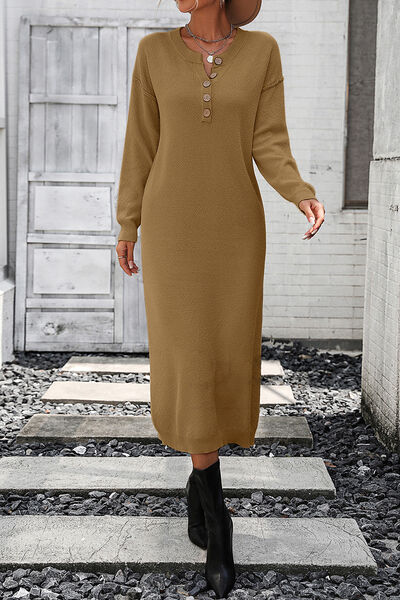 Decorative Button Notched Dropped Shoulder Sweater Dress - Brown / S - All Dresses - Dresses - 16 - 2024