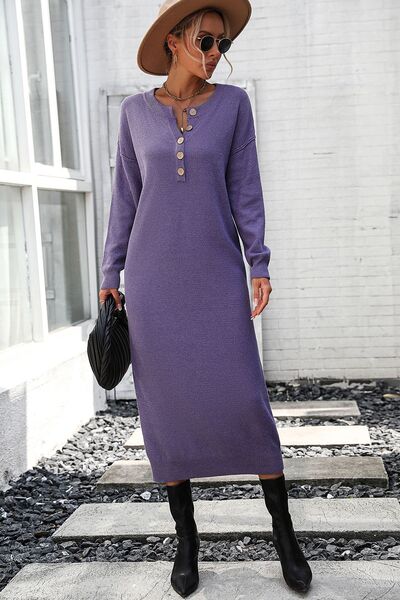 Decorative Button Notched Dropped Shoulder Sweater Dress - Purple / S - All Dresses - Dresses - 24 - 2024