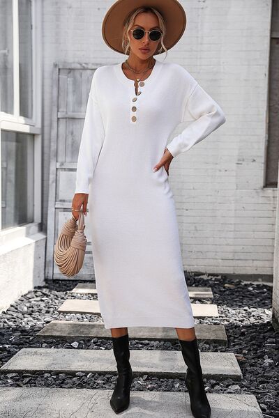 Decorative Button Notched Dropped Shoulder Sweater Dress - White / S - All Dresses - Dresses - 4 - 2024