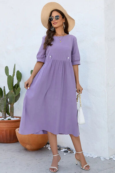Decorative Button Round Neck Half Sleeve Dress - Purple / S - All Dresses - Dresses - 1 - 2024