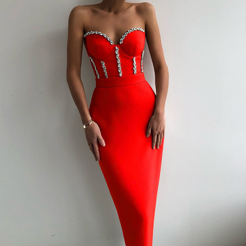 Elegant Beading Party Midi Dress - Red / S - All Dresses - Clothing - 18 - 2024