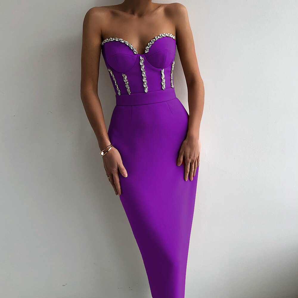 Elegant Beading Party Midi Dress - Purple / S - All Dresses - Clothing - 20 - 2024