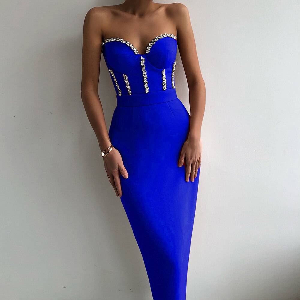 Elegant Beading Party Midi Dress - Blue / S - All Dresses - Clothing - 19 - 2024