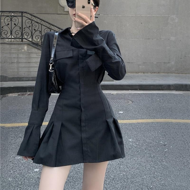Elegant Vintage Black Shirt Dress - All Dresses - Coats & Jackets - 5 - 2024