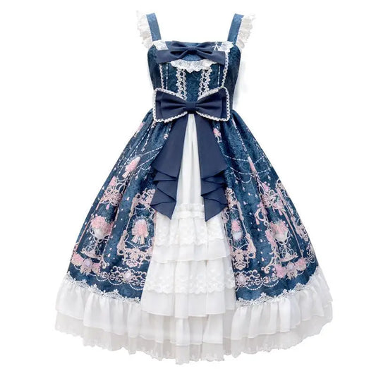 Elegant Vintage Lolita Dress - Kawaii Bow & Flower Print - Blue / S - All Dresses - Dresses - 7 - 2024