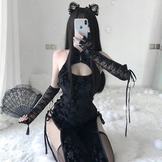 Erotic Black Cheongsam Lingerie - Sexy Anime Cosplay Dress - Kawaii Stop -  erotic-black-cheongsam-lingerie-sexy-anime-cosplay-dress