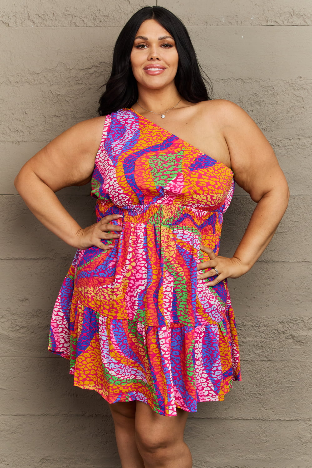 Fall Back Plus Size One Shoulder Mini Tiered Dress - Multicolor / 1XL - All Dresses - Dresses - 1 - 2024