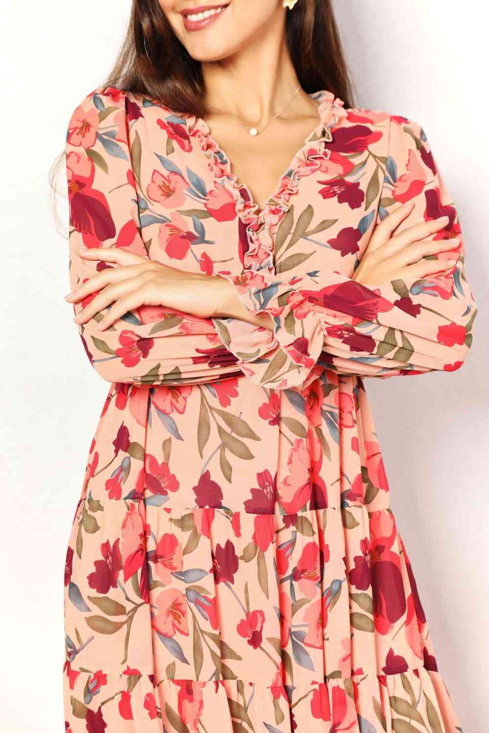 Floral Frill Trim Flounce Sleeve Plunge Maxi Dress - All Dresses - Dresses - 8 - 2024